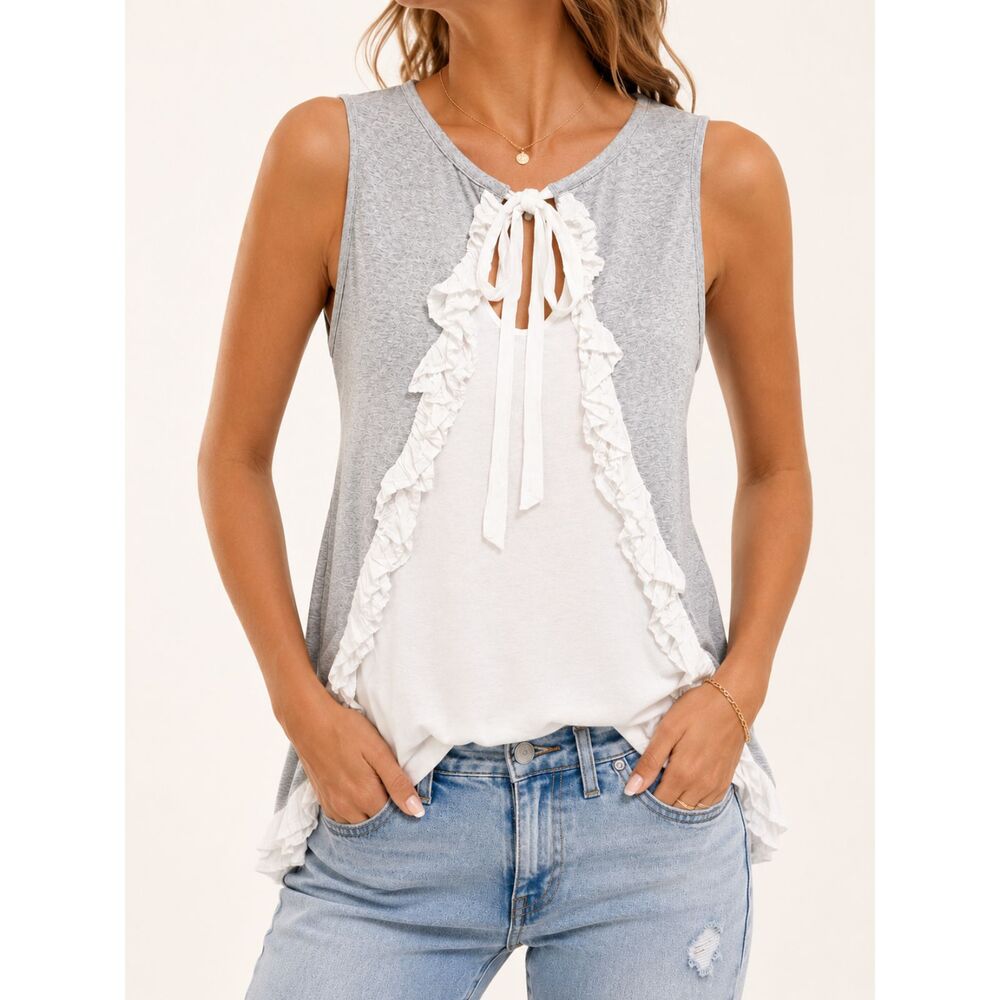 Entro Ruffle Front Tie Sleeveless Top Gray White Colorblock 100% Cotton Size S